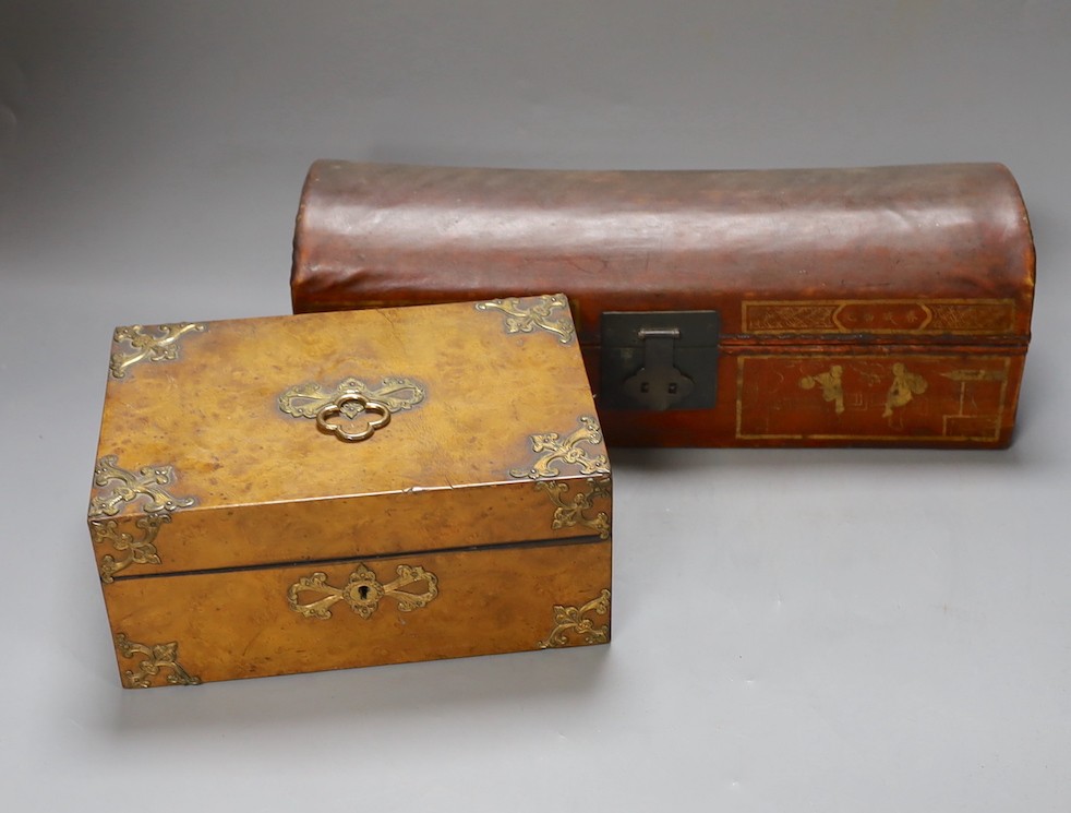 A Chinese leather clad box and Victorian burr walnut and ormolu mount jewellery box (2), Chinese box, 37cms wide.